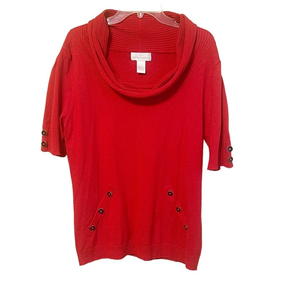 Soft Surroundings Red Cowl Neck Knit Short Sleeve Top Nautical Summer Women's XL